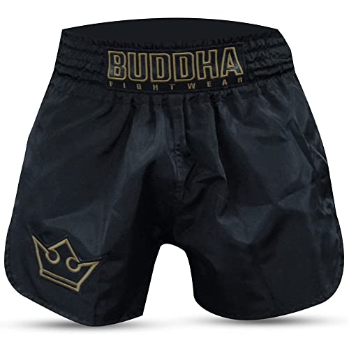 Buddha Fight Wear - Short Tradicional de Muay Thai Old School - Nylon - Secado Rápido - Patrón Europeo estándar - Gran adaptación a la morfología de Cada Luchador - Color Negro+Oro - Talla L
