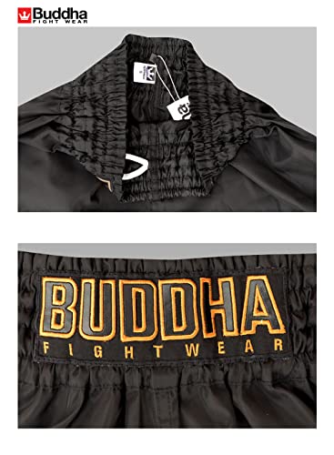 Buddha Fight Wear - Short Tradicional de Muay Thai Old School - Nylon - Secado Rápido - Patrón Europeo estándar - Gran adaptación a la morfología de Cada Luchador - Color Negro+Oro - Talla XL