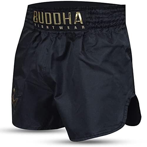 Buddha Fight Wear - Short Tradicional de Muay Thai Old School Rip Stop - Tejido en Nylon - Patrón Europeo estándar - Gran adaptación a la morfología de Cada Luchador - Color Negro - Talla M