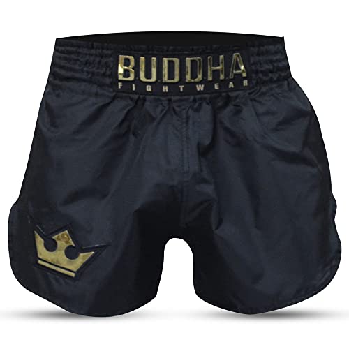 Buddha Fight Wear - Short Tradicional de Muay Thai Old School Rip Stop - Tejido en Nylon - Patrón Europeo estándar - Gran adaptación a la morfología de Cada Luchador - Color Negro - Talla XL