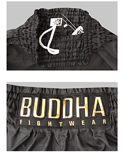 Buddha Fight Wear - Short Tradicional de Muay Thai Old School Rip Stop - Tejido en Nylon - Patrón Europeo estándar - Gran adaptación a la morfología de Cada Luchador - Color Negro - Talla M