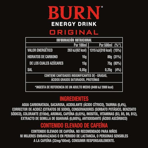 Burn Energy Original Raspberry, Bebida Energética, Pack 4 latas de 500ml