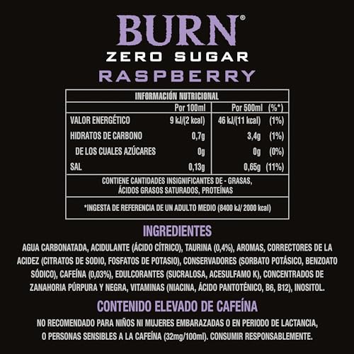 Burn Energy Zero Raspberry - Bebida Energética - Lata 500ml. - Pack de 12