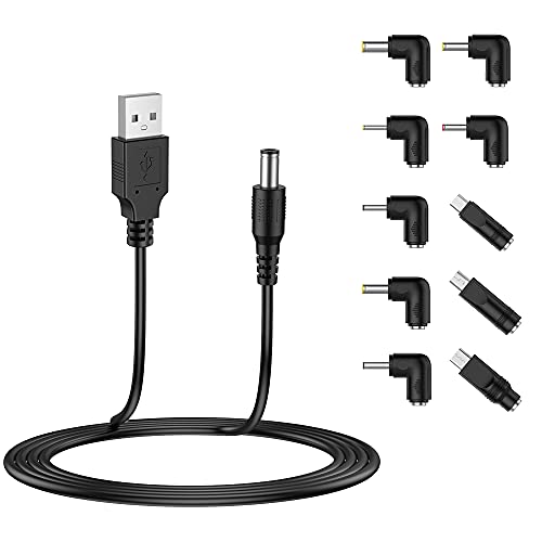 Cable de alimentación USB de 5 V, Cable de Carga Universal 5,5 x 2,1mm con 10 Conectores(5,5 x 2,5, 4,8 x 1,7, 4,0 x 1,7, 4,0 x 1,35, 3,5 x 1,35, 3,0 x 1. 1, 2.5x0.7, Micro USB, Tipo-C, Mini USB) 5FT