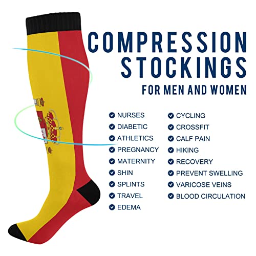 Calcetines de compresión para mujeres y hombres, calcetines deportivos hasta la rodilla, soporte para correr, senderismo, fitness, bandera de España, Multicolor, talla única