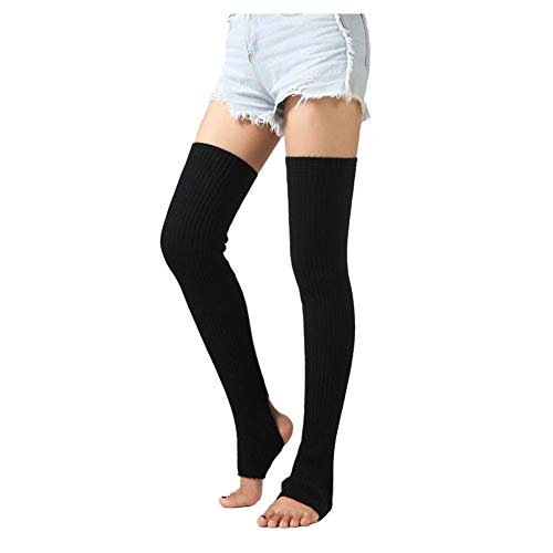 Calcetines de invierno para mujer sin pie hasta la rodilla, calcetines altos para el muslo, calcetines largos de punto de pierna calentadores de piernas, Negro,