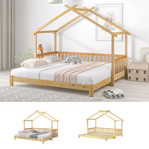 Cama de árbol ampliable, cama infantil, cama de bebé, cama individual y doble, madera maciza pura, natural (200 x 90 cm)