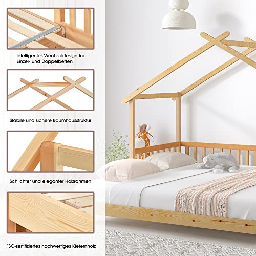 Cama de árbol ampliable, cama infantil, cama de bebé, cama individual y doble, madera maciza pura, natural (200 x 90 cm)
