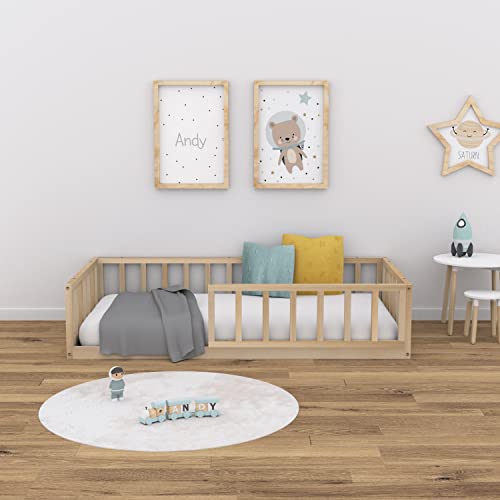 Cama Infantil Tipo Montessori Nube, con somier y Barrera barandilla, en Madera Natural para niño y niña, 90x190 cm