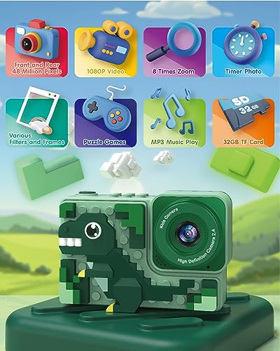 Cámara para niños, Nuevas cámaras de Bloques de construcción con temática de Dinosaurios Dibujados Animados, cumpleaños para niños y niñas de 3+ años, Incluye Tarjeta SD de 32GB.