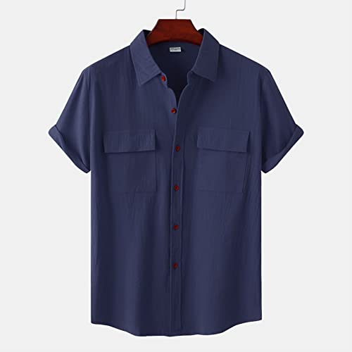Camisa rusa para hombre, manga corta, doble bolsillo, cuello vuelto, camisa con botones, camisa de algodón para hombre, marine, XXXL