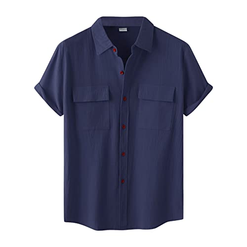 Camisa rusa para hombre, manga corta, doble bolsillo, cuello vuelto, camisa con botones, camisa de algodón para hombre, marine, XXXL