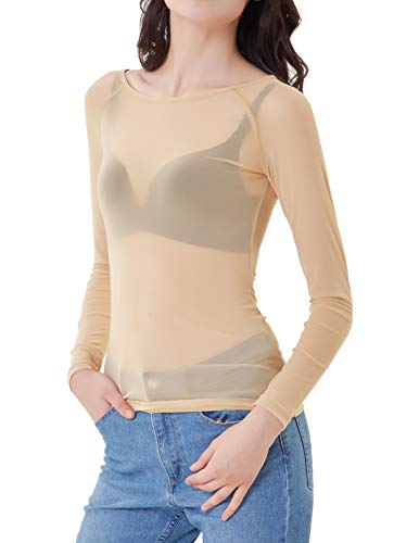 Camiseta de Color Liso para Mujer de Manga Larga de Malla Slim fit Camiseta Casual Transparente Tops Beiga 2XL CL011046-3
