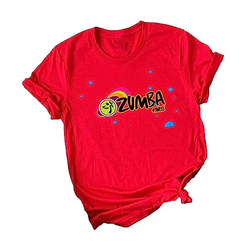 Camiseta Deportiva Zumba Corte Suelto Blusa Cuello Redondo Camiseta Manga Corta Danza roja Ejercicio de Fitness