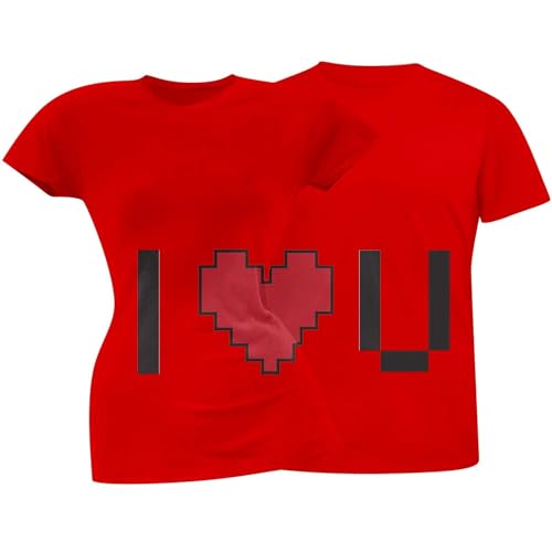Camisetas a Juego para Parejas Blusa de Manga Corta Estampada I Love U Camiseta Deportiva Mujer Manga Larga (Red, L)