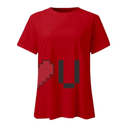 Camisetas a Juego para Parejas Blusa de Manga Corta Estampada I Love U Camiseta Deportiva Mujer Manga Larga (Red, L)