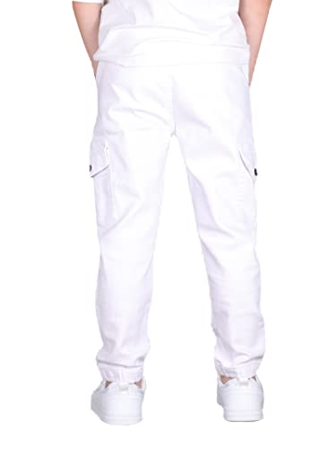 CAMLAKEE Pantalones para Niños - Pantalón Cargo Slim Fit de Algodón - Pantalones Joggers con Cintura Elastica, Blanco, 11-12 años/Talla 160