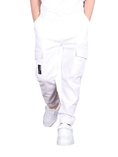 CAMLAKEE Pantalones para Niños - Pantalón Cargo Slim Fit de Algodón - Pantalones Joggers con Cintura Elastica, Blanco, 11-12 años/Talla 160