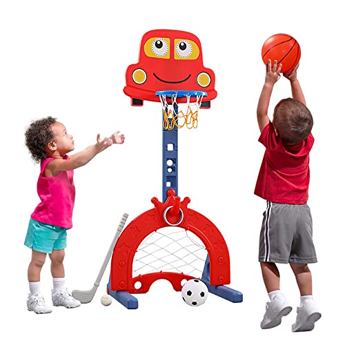 Canasta de Baloncesto para Niños 4 en 1 - Aro de Baloncesto Infantil Regulable en Altura,Aro de Baloncesto de Dibujos Animados con Juego de Golf, Anillo, Fútbol,Lanzamiento de Portería(Azul)