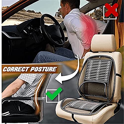 Car Seat Office Chair Bamboo Chip Cover Cushion with Wire Mesh Lumbar Back Support, Breathable Cool Black Mesh with Strap Comfortable Ventilate Support Cushion Pad, Back Pain Relief for Car Seats