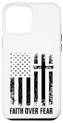 Carcasa para iPhone 13 Pro Max Faith Over Fears Christian Cross Gimnasio con bandera de Estados Unidos
