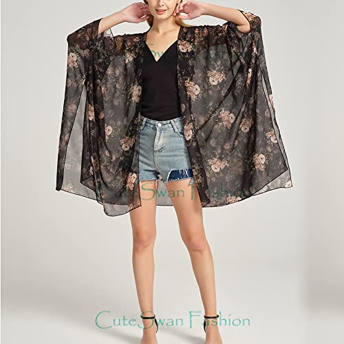 Cárdigan tipo kimono de gasa con estampado floral para mujer, holgado, casual, largo, bohemio, traslúcido, #Hortensia, talla única