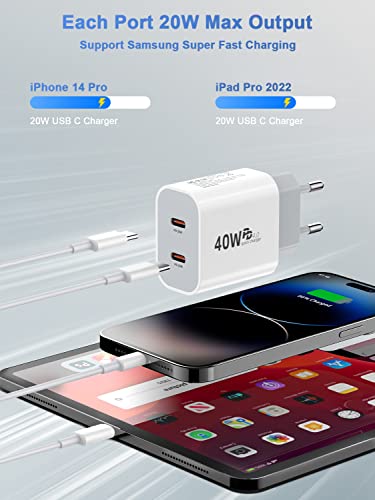 Cargador para iPhone,[Certificado Apple MFi] 2 Puertos 20W USB C Cargador Rápido con Cable PD 3.0 Tipo C Cargador Compatible con iPhone 14/14 Pro/13/13 Pro/12/11/SE/XS Max/XR/XS/X/8/iPad,Galaxy etc.