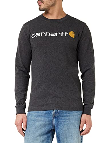 Carhartt Camiseta de manga larga con logotipo gráfico, tejido grueso, Relaxed Fit Para Hombre, Gris carbón jaspeado, XL