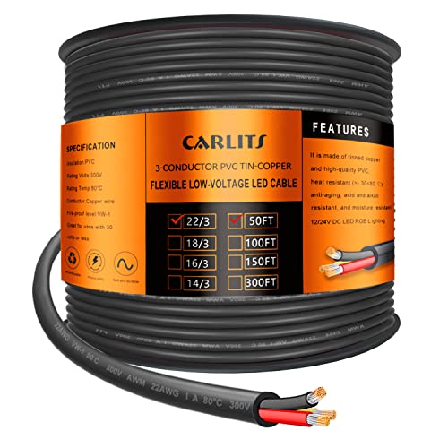 CARLITS Cable Eléctrico de 3 Conductores de Calibre 22, 15.24M Cable Trenzado Negro de Bajo Voltaje 22/3 Caja de PVC, Cable de Alimentación de Extensión Flexible para Lámpara LED
