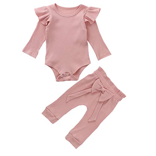 Carolilly - Conjunto de 2 piezas de algodón con volante de manga larga y pantalón rosa 2 18-24 Meses
