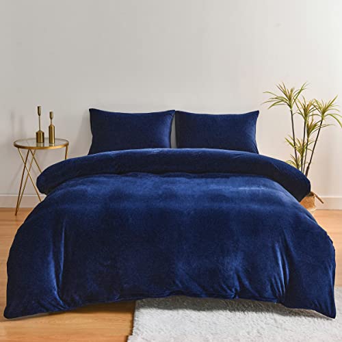 Chanyuan,Ropa de cama de felpa cálida de 155x220 cm, color azul oscuro y mullida con tacto de cachemira, forro polar coral, juego de ropa de cama de invierno con funda de almohada de 80x80 cm