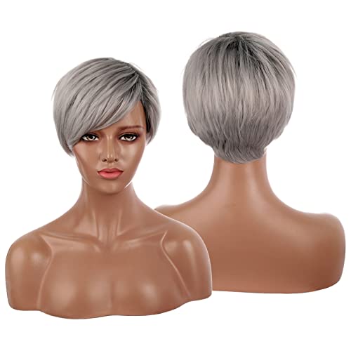 Charming Peluca de pelo humano, pelo rubio corto, peluca de fibra dorada con degradado, pelo corto y ondulado para mujeres (25 cm)