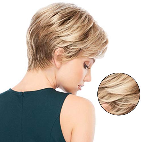 Charming Peluca de pelo rubio corto, peluca de fibra dorada con degradado, pelo corto y ondulado natural para mujeres (28 cm, marrón rojizo)
