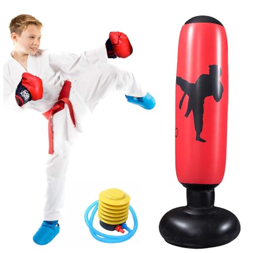 CHETOGIN Saco de boxeo hinchable de pie para niños, 160 cm, hinchable, de pie, con bomba de pie, para artes marciales mixtas, kickboxing, alivio de presión y entrenamiento en casa, color rojo