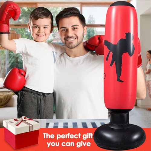 CHETOGIN Saco de boxeo hinchable de pie para niños, 160 cm, hinchable, de pie, con bomba de pie, para artes marciales mixtas, kickboxing, alivio de presión y entrenamiento en casa, color rojo