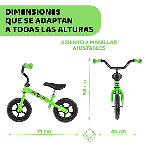Chicco Bicicleta sin Pedales First Bike para Niños de 2 a 5 Años hasta 25 Kg, Bici para Aprender a Mantener el Equilibrio con Manillar y Sillín Ajustables, Color Verde - Juguetes para Niños