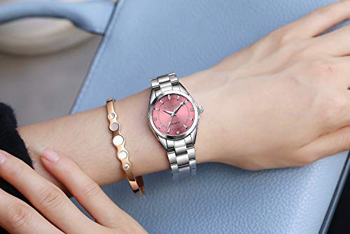 CHRONOS Reloj analógico de cuarzo para mujer, resistente al agua, de acero inoxidable, rosa, Pulsera