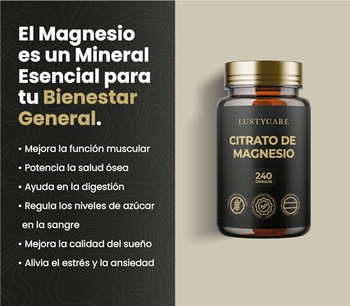 Citrato de Magnesio Puro 400mg | 240 Cápsulas (Suministro para 8 meses) - Suplemento Natural de Alta Concentración y Absorción para Salud Muscular, Ósea y Mental | Fabricado en España