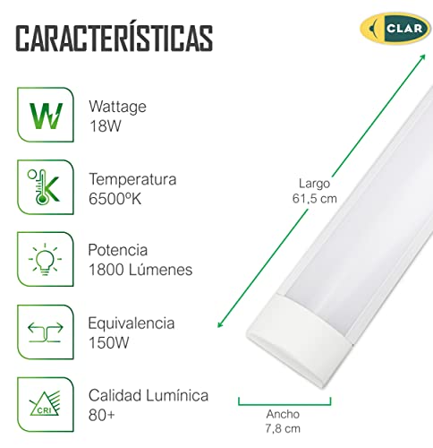 CLAR - Luminaria LED 60cm, Lamparas LED Techo 18W, Barras LED, Pantalla Lampara Techo, Barra Luz LED Techo 18W, Blanco Frío 6500K (Pack 2)
