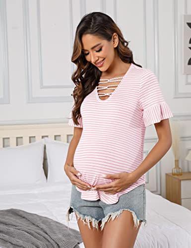 Clearlove Camiseta de maternidad de manga corta para mujer, camiseta de maternidad, camiseta de verano a rayas para embarazadas, Rayas rosas y blancas, L