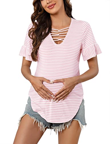 Clearlove Camiseta de maternidad de manga corta para mujer, camiseta de maternidad, camiseta de verano a rayas para embarazadas, Rayas rosas y blancas, L