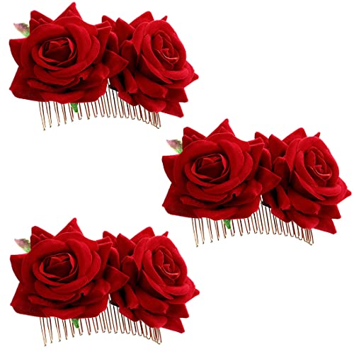 Clyhon 3 Piezas Clips de Pelo de Flor Horquillas con Rosas Accesorios de Mujeres para Boda Fiesta Bailaora de Flamenco, Pinzas de Pelo Tocado (Rojo)