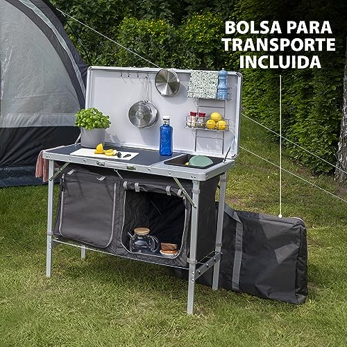 Cocina de camping, 100x50x76 cm, Granada Campart Travel KI-0757 – Cocina completa – Bolsa de almacenamiento incluida, blanco, negro