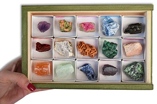 Colección de 15 Minerales de África en Caja de Madera Natural - Minerales Reales educativos con Etiqueta informativa a Color. Kit de Ciencia de Geología para niños.