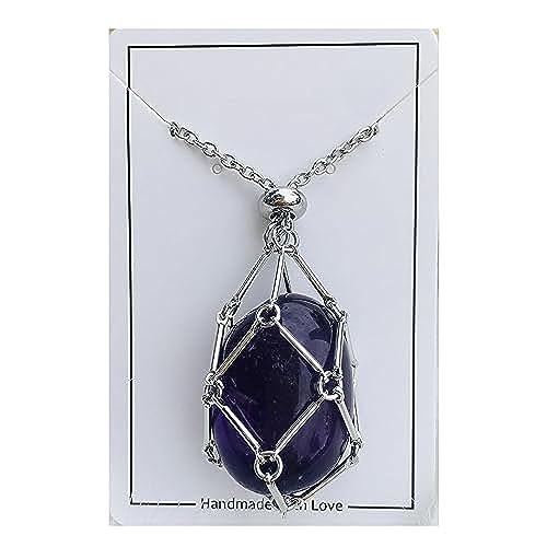 Collar con soporte de piedra de cristal, colgante de malla de cadena de piedra de cristal natural, soporte ajustable para collar de jaula de cristal (Silver,Purple)