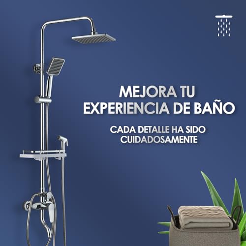 Columna de Ducha de baño con Grifo - Juegos de Alcachofa - Multifuncional Altura Ajustable y Acero Inoxidable (T4), Plata
