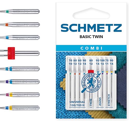 Combi Basic Twin de SCHMETZ | Paquete de 9 agujas de máquina de coser para distintos materiales | Los grosores de aguja más comunes