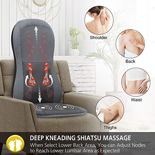 Comfier Masajeador de espalda completo con calor - Asiento de masaje Shiatsu 2D / 3D con 10 nodos de masaje, cojín de silla de masaje amasador para la espalda,Regalos para Mamá, Papá