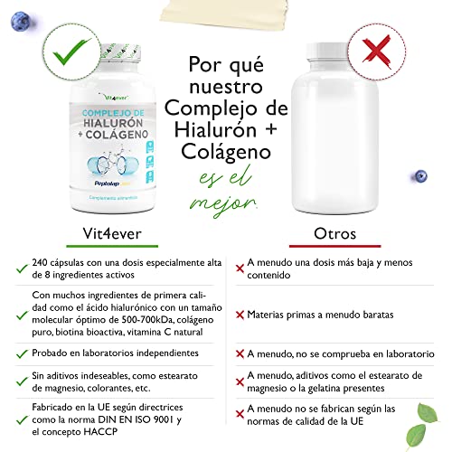 Complejo de colágeno con ácido hialurónico - 240 cápsulas - Premium: Con biotina bioactiva, selenio, zinc, vitamina C natural de la acerola y silicio del bambú