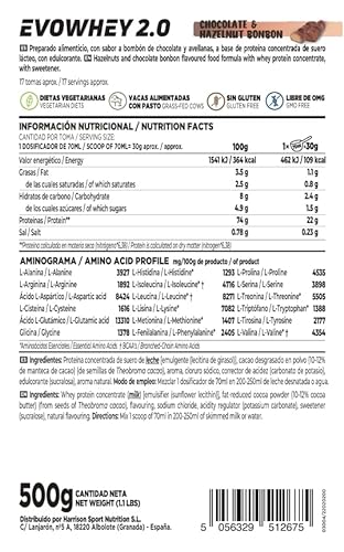 Concentrado de Proteína de Suero de HSN Evowhey Protein 2.0 | Sabor Bombón de Chocolate y Avellanas 500 g = 17 Tomas por Envase | No-GMO, Vegetariano, Sin Gluten ni Soja
